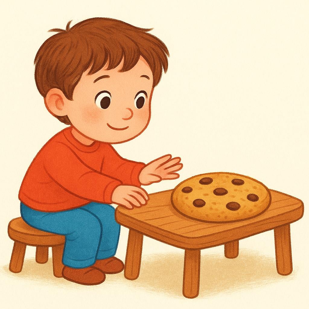 A child with a hopeful expression gently extending an open hand toward a single, large cookie resting on a table, illustrating a polite request.