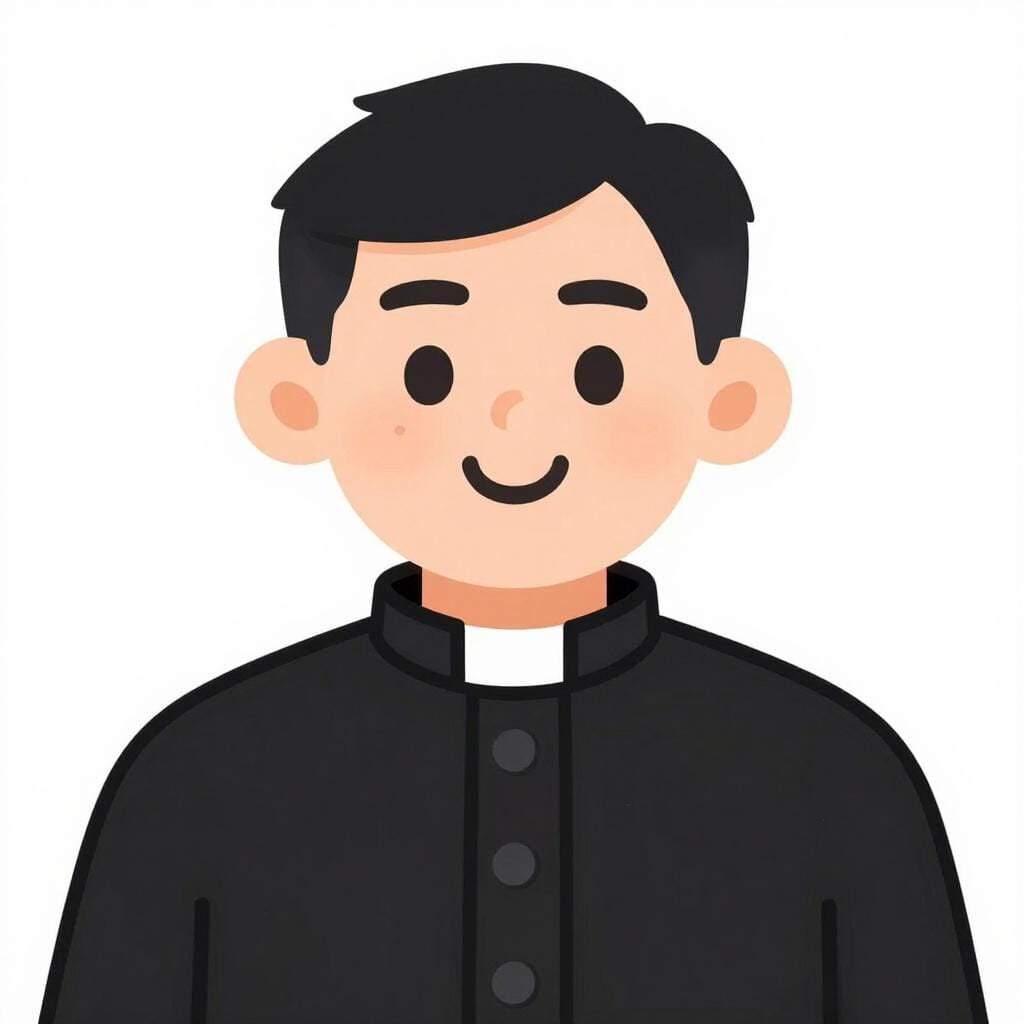 Um padre usando uma gola clerical preta sorrindo.