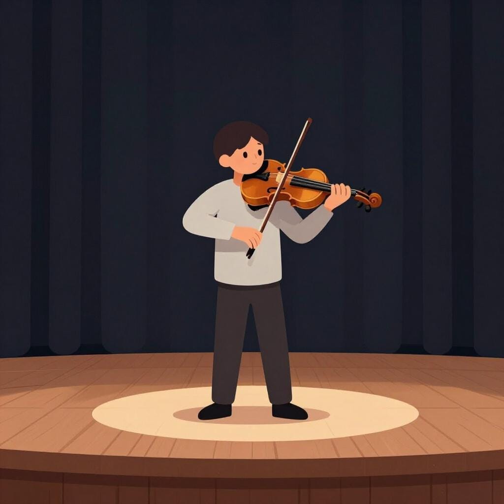 Uma pessoa num palco tocando violino para uma audiência.