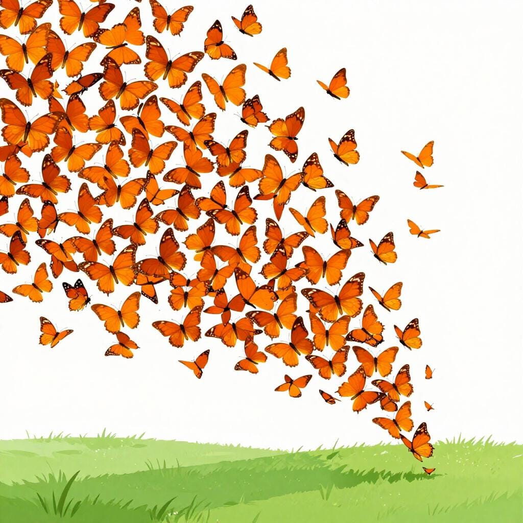 緑の牧草地の上を、一方向に向かって一斉に飛ぶ、色とりどりの蝶の群れ。