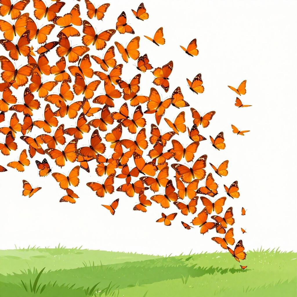 Une envolée soudaine de nombreux papillons colorés volant ensemble dans une seule direction au-dessus d'une prairie verte.