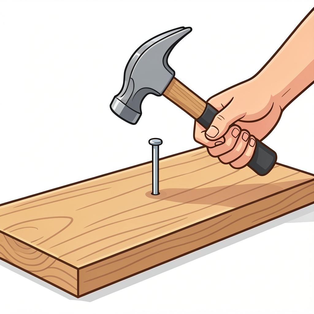 A person's hands using a hammer to drive a nail into a wooden plank.