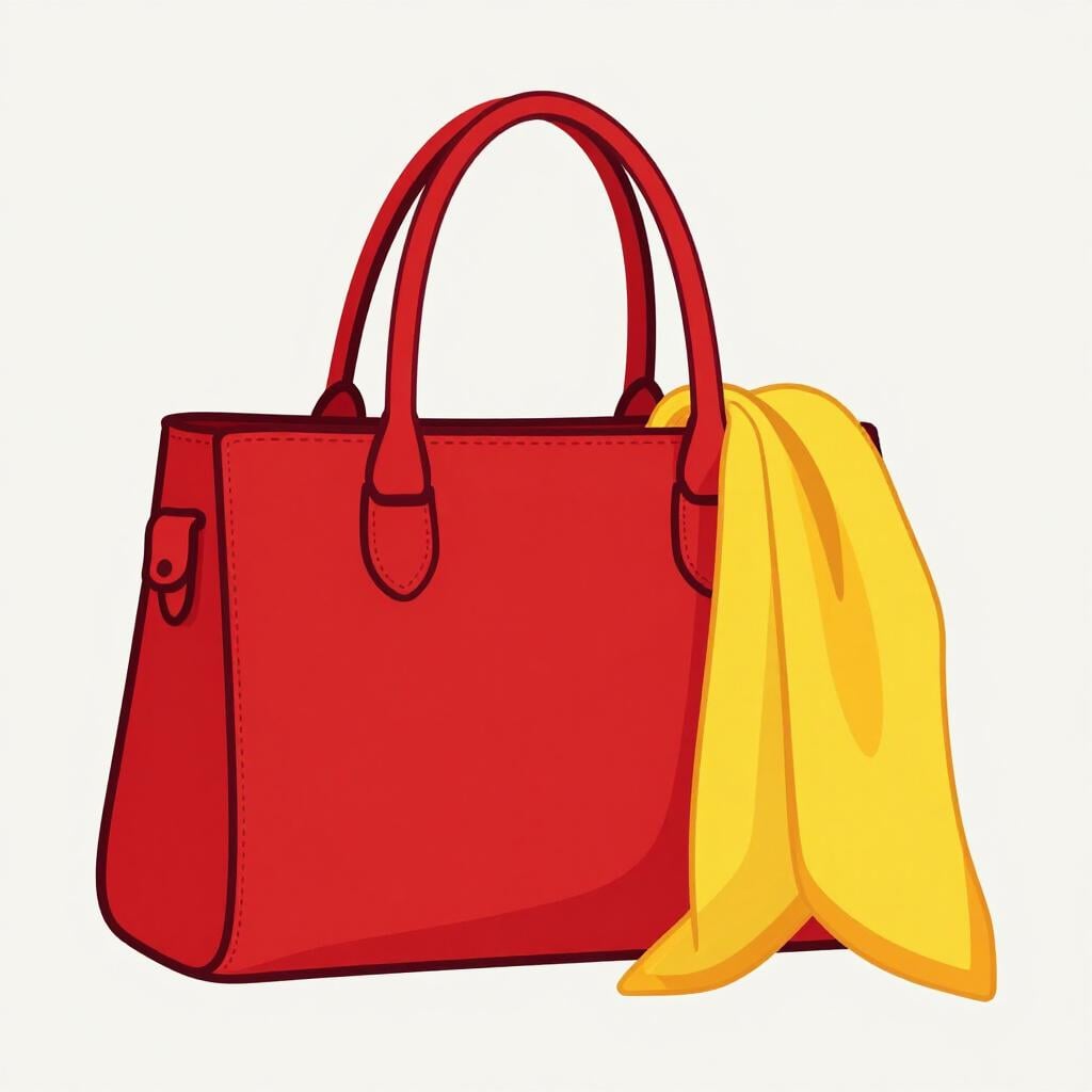 A stylish red leather handbag and a yellow patterned scarf resting on a clean surface.