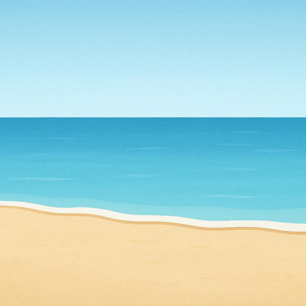 A simple illustration showing the boundary where smooth yellow sand meets calm blue ocean water, clearly depicting a shore.