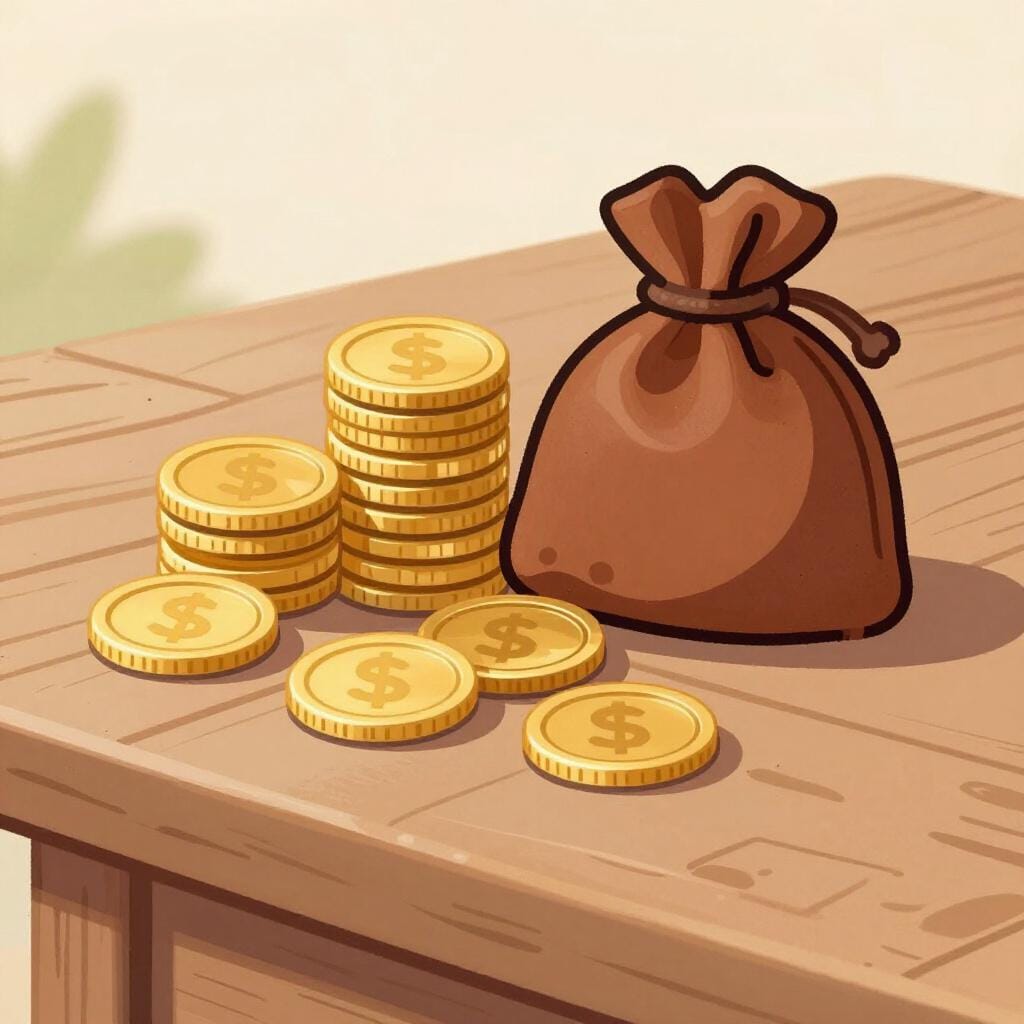 A stack of coins and a small leather pouch on a wooden table.