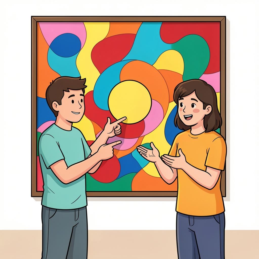 A person looking at a complex painting and explaining it to a friend.