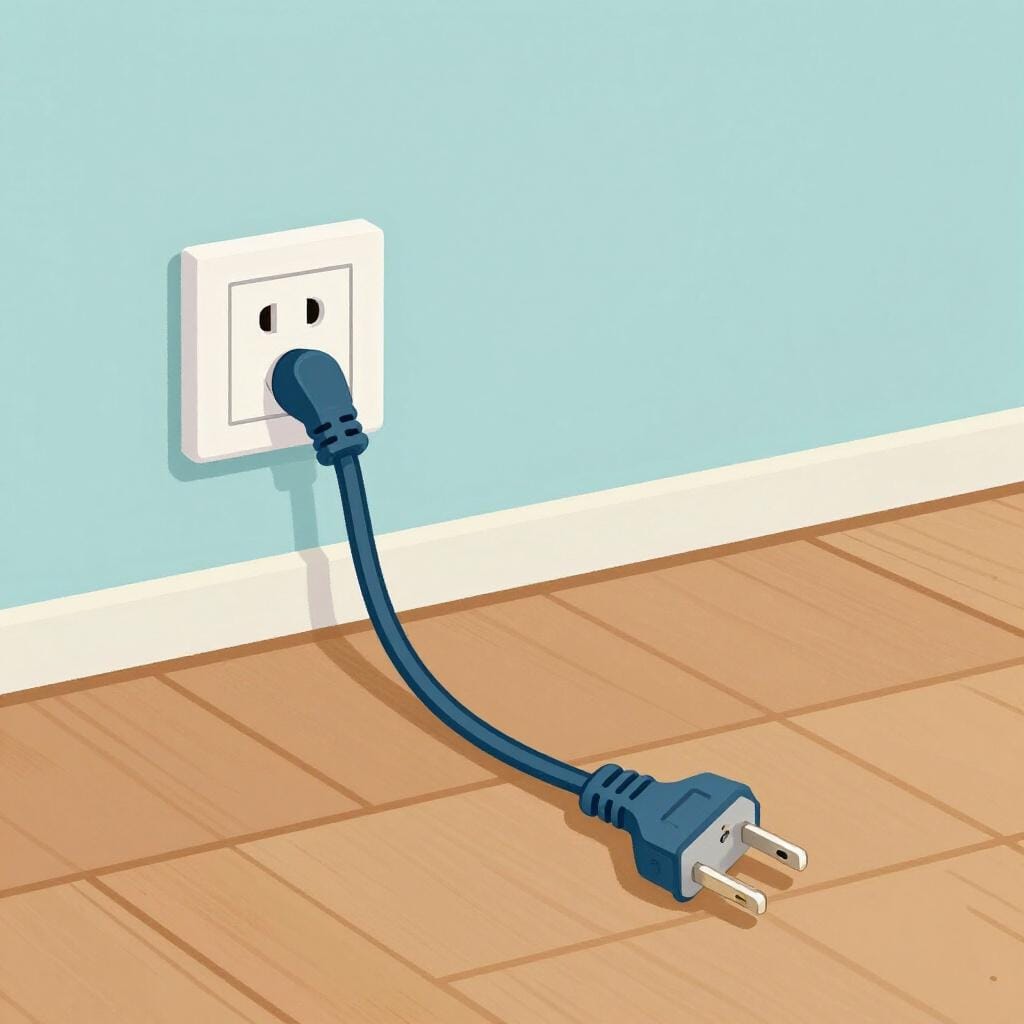 Um plugue elétrico deitado no chão ao lado de uma tomada.