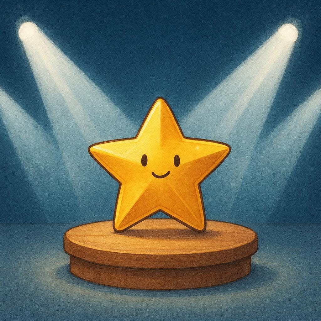 A bright, golden star figure standing alone on a small stage, intensely illuminated by multiple converging beams of white light, symbolizing widespread public attention.