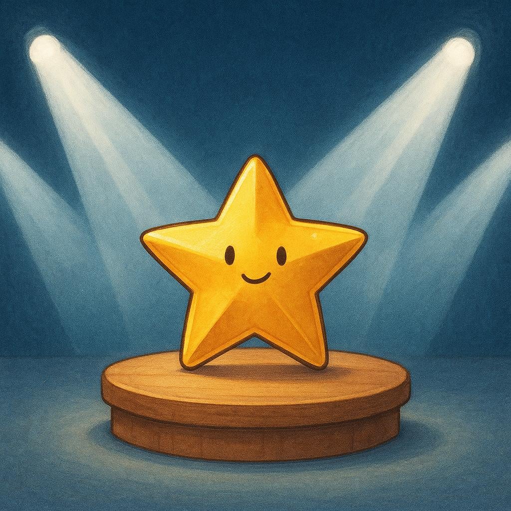 A bright, golden star figure standing alone on a small stage, intensely illuminated by multiple converging beams of white light, symbolizing widespread public attention.