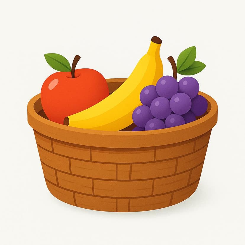 A high quality simple colorful storybook illustration showing a large, open wooden basket. Inside the basket, there is a red apple, a yellow banana, and a bunch of purple grapes, illustrating the concept of inclusion.