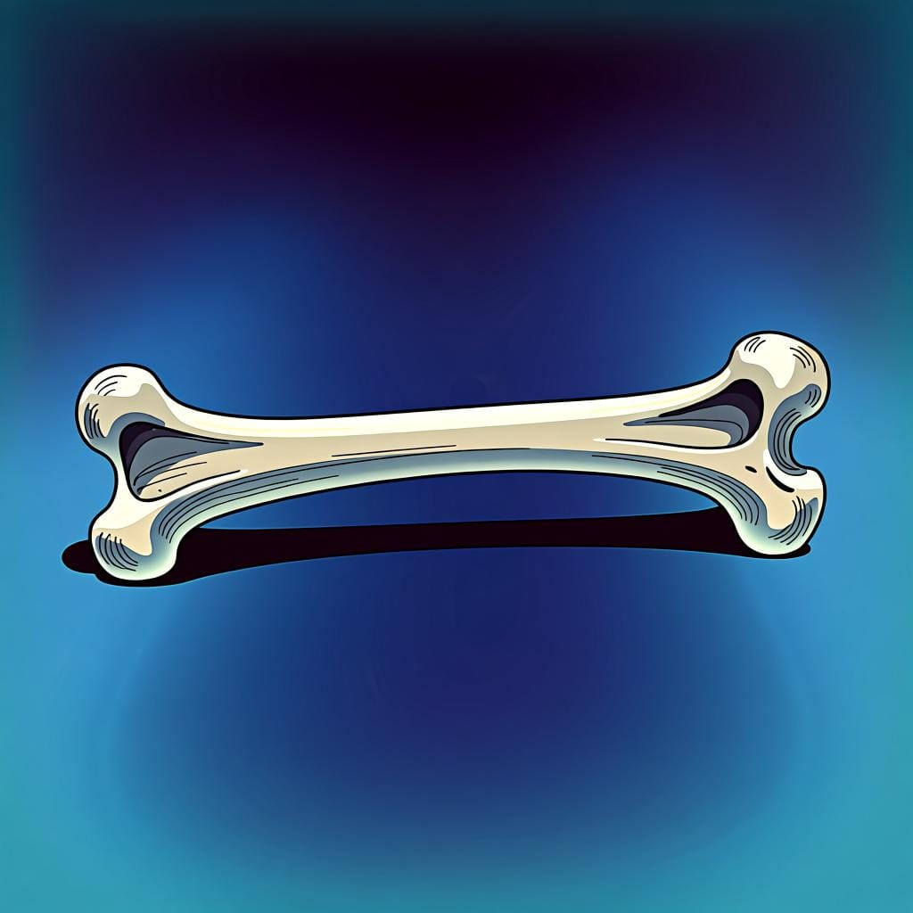 Een gedetailleerde, gestileerde illustratie van één schoon wit anatomisch bot, zoals een dijbeen, geïsoleerd op een eenvoudige, donkere achtergrond.