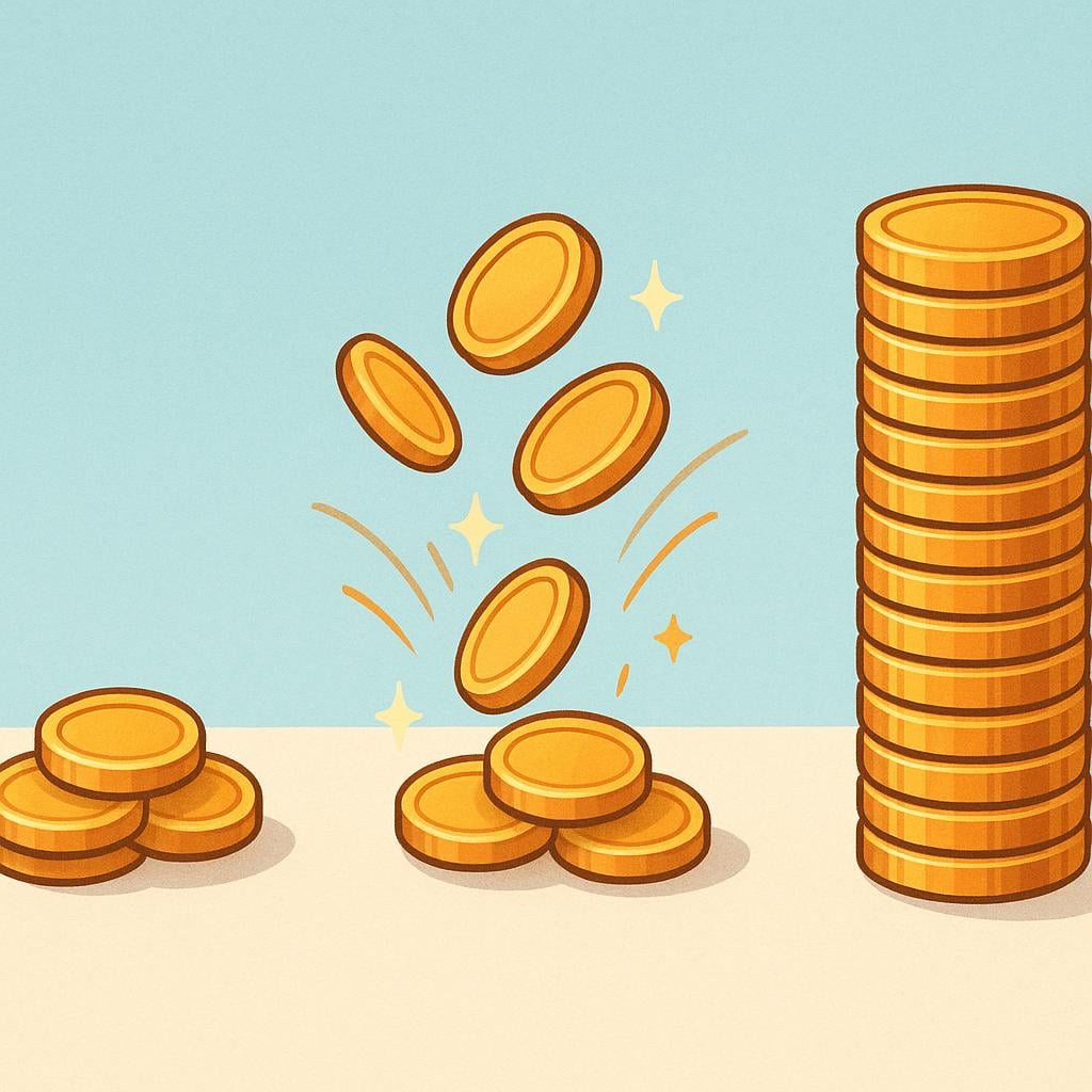 A visual metaphor showing a small collection of coins rapidly growing into a large, stable stack, representing an economic rebound.