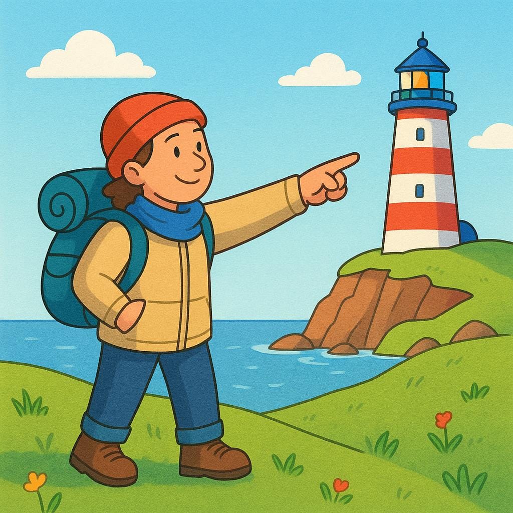 Ein freundlicher Wanderer steht auf einem grasbewachsenen Hügel und zeigt entschlossen mit dem Finger auf einen markanten, bunten Leuchtturm in der Ferne.