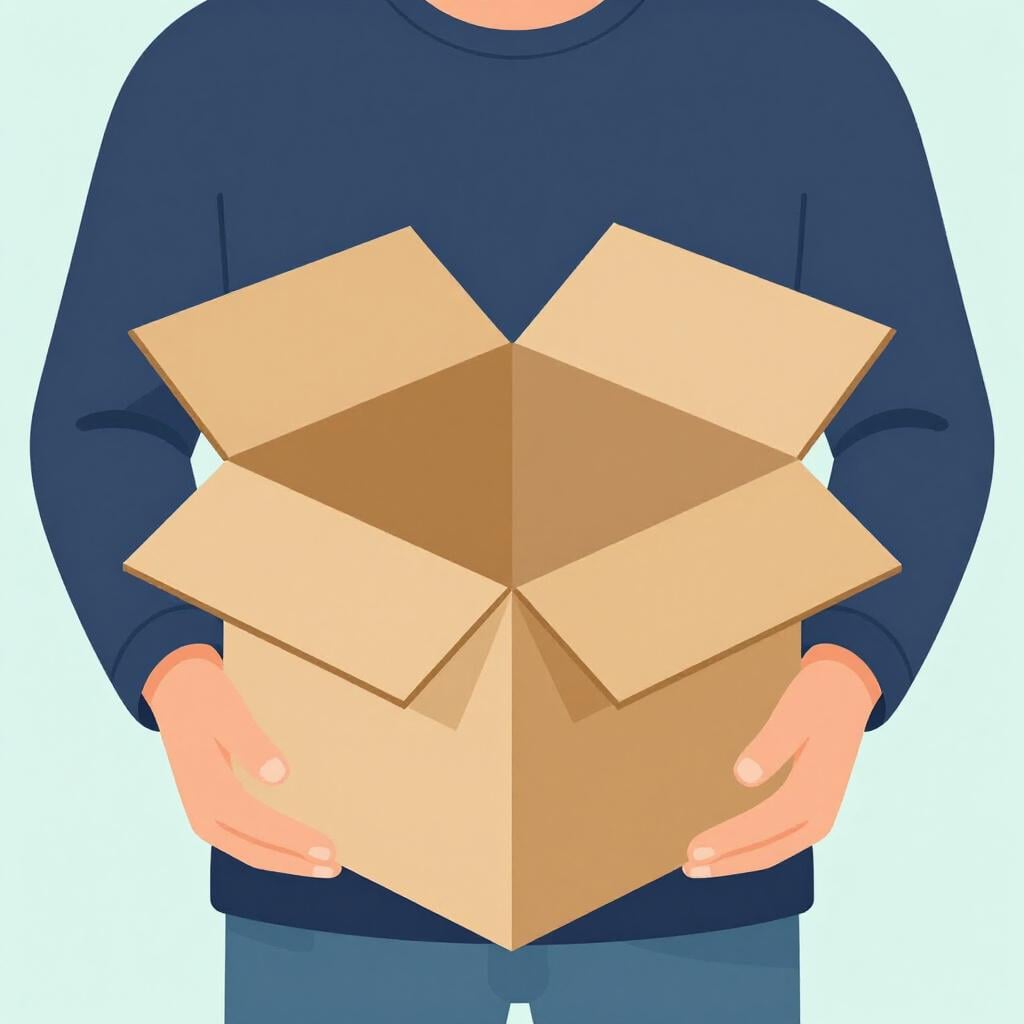 A person holding an open, empty box with a friendly smile, showing everything inside clearly.