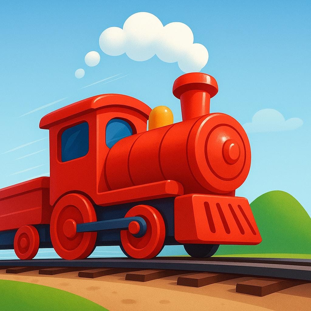 A fast red train moving past a static green hill on a track, representing the action of passing by.