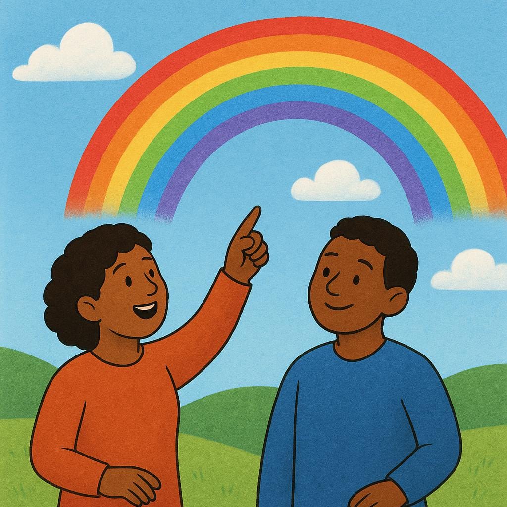 A friendly character is pointing towards a rainbow in the sky while speaking to a companion, illustrating the act of making a remark or comment.