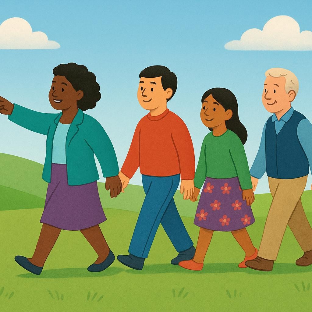 A storybook illustration showing four diverse people walking in a single file line across a grassy field, emphasizing the person at the front who is guiding the others by pointing forward.