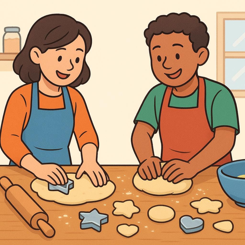 A storybook illustration of two people in a kitchen actively kneading dough and cutting out cookie shapes, representing creation.