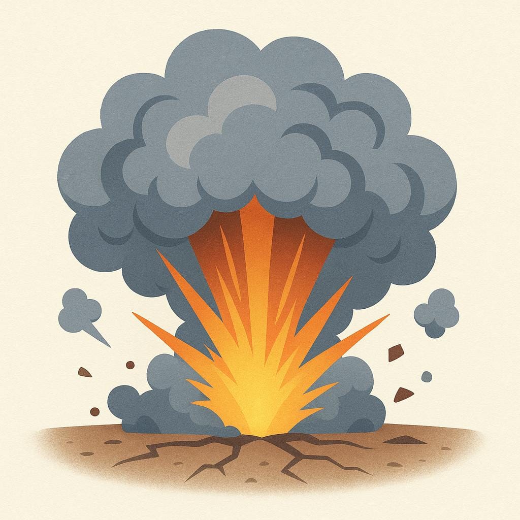 A simplified illustration of a large, sudden cloud of grey smoke and bright orange light erupting from a central point, symbolizing a loud explosion sound.