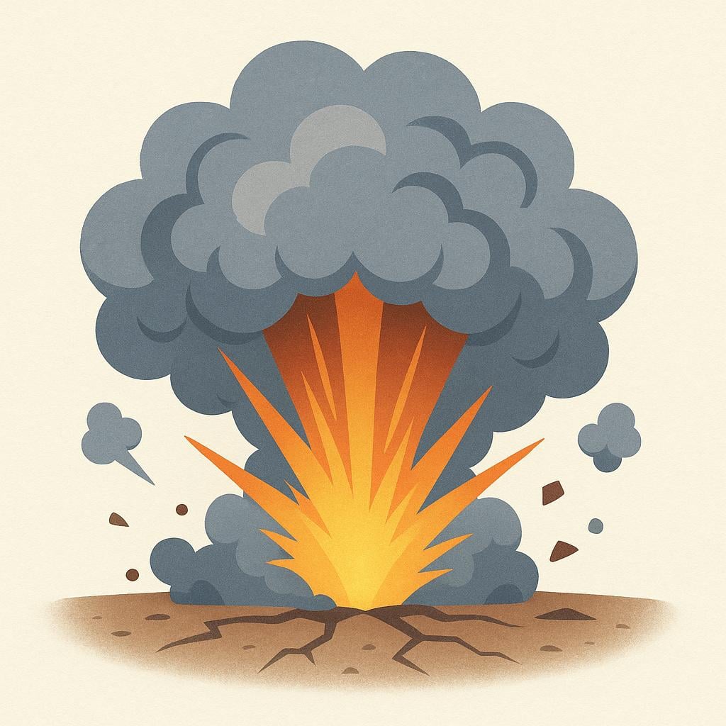 A simplified illustration of a large, sudden cloud of grey smoke and bright orange light erupting from a central point, symbolizing a loud explosion sound.