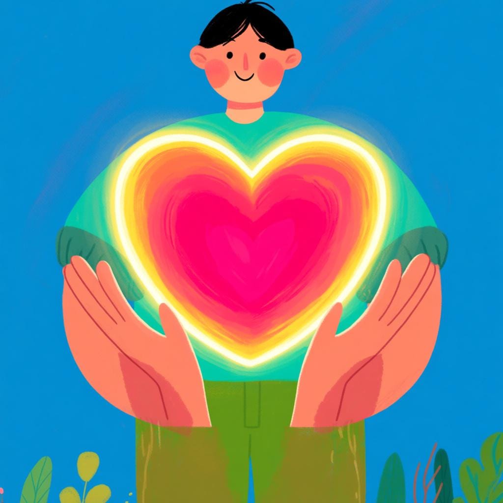 Two open hands holding a single, large, glowing heart, representing 'all that' or 'everything that'.