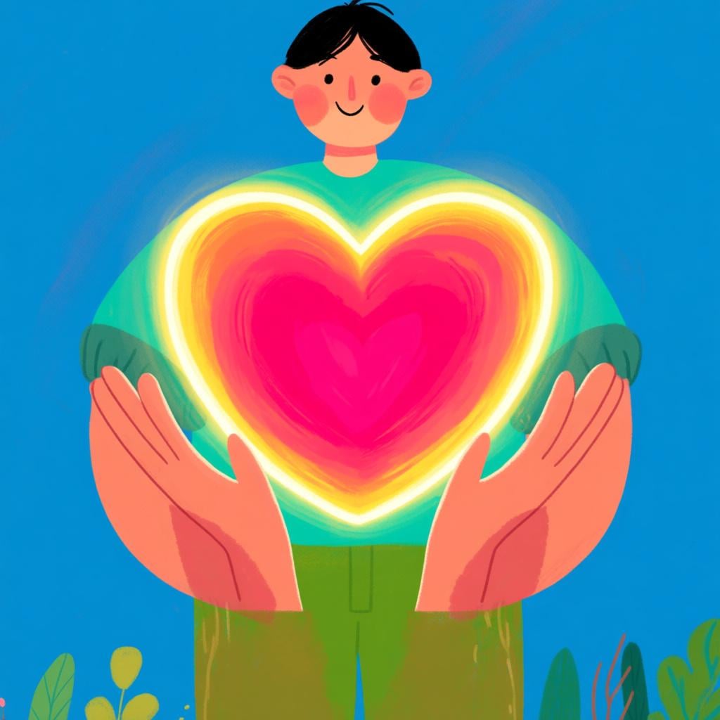 Two open hands holding a single, large, glowing heart, representing 'all that' or 'everything that'.