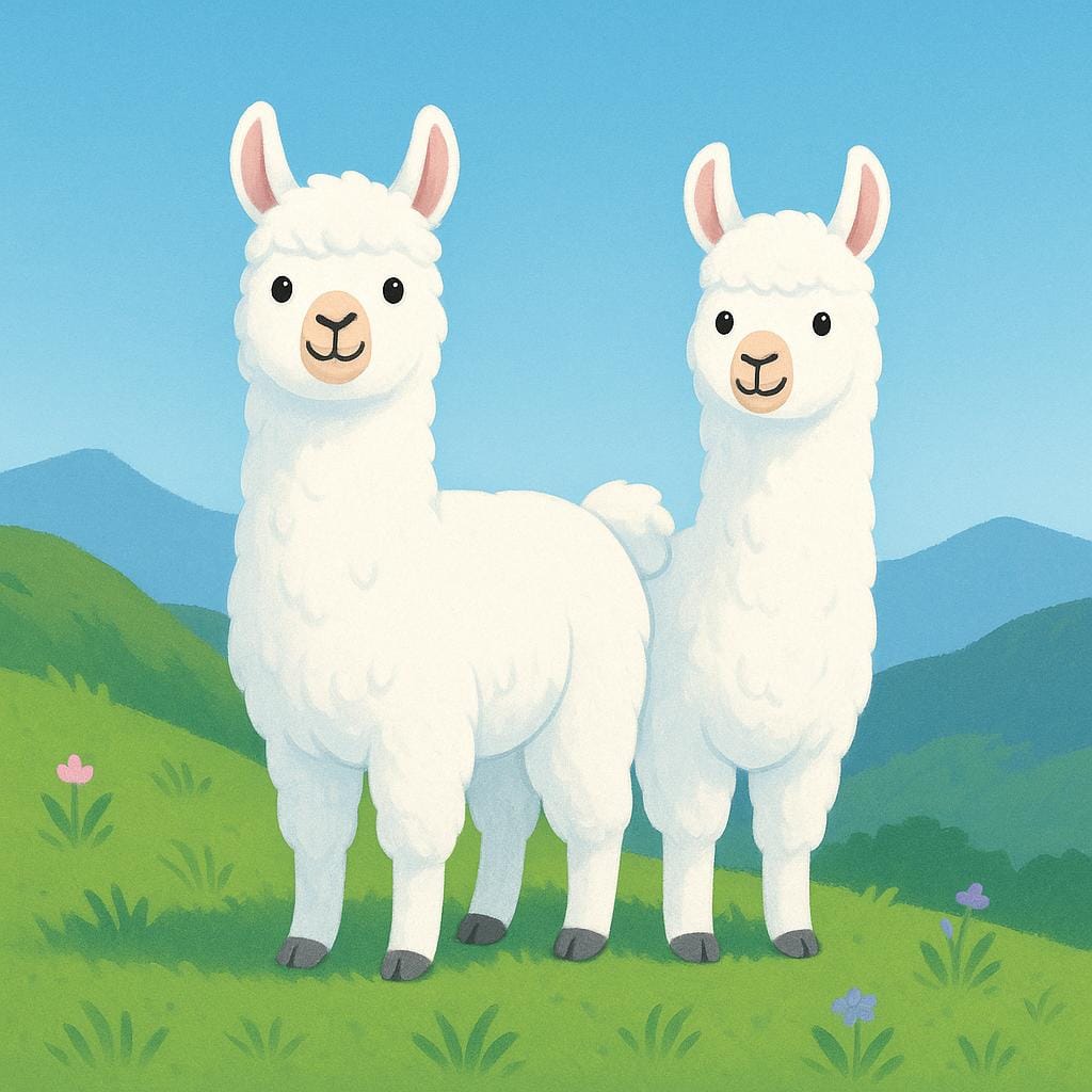 Two fluffy white llamas standing on a rocky, green mountain slope, representing the South American animal.