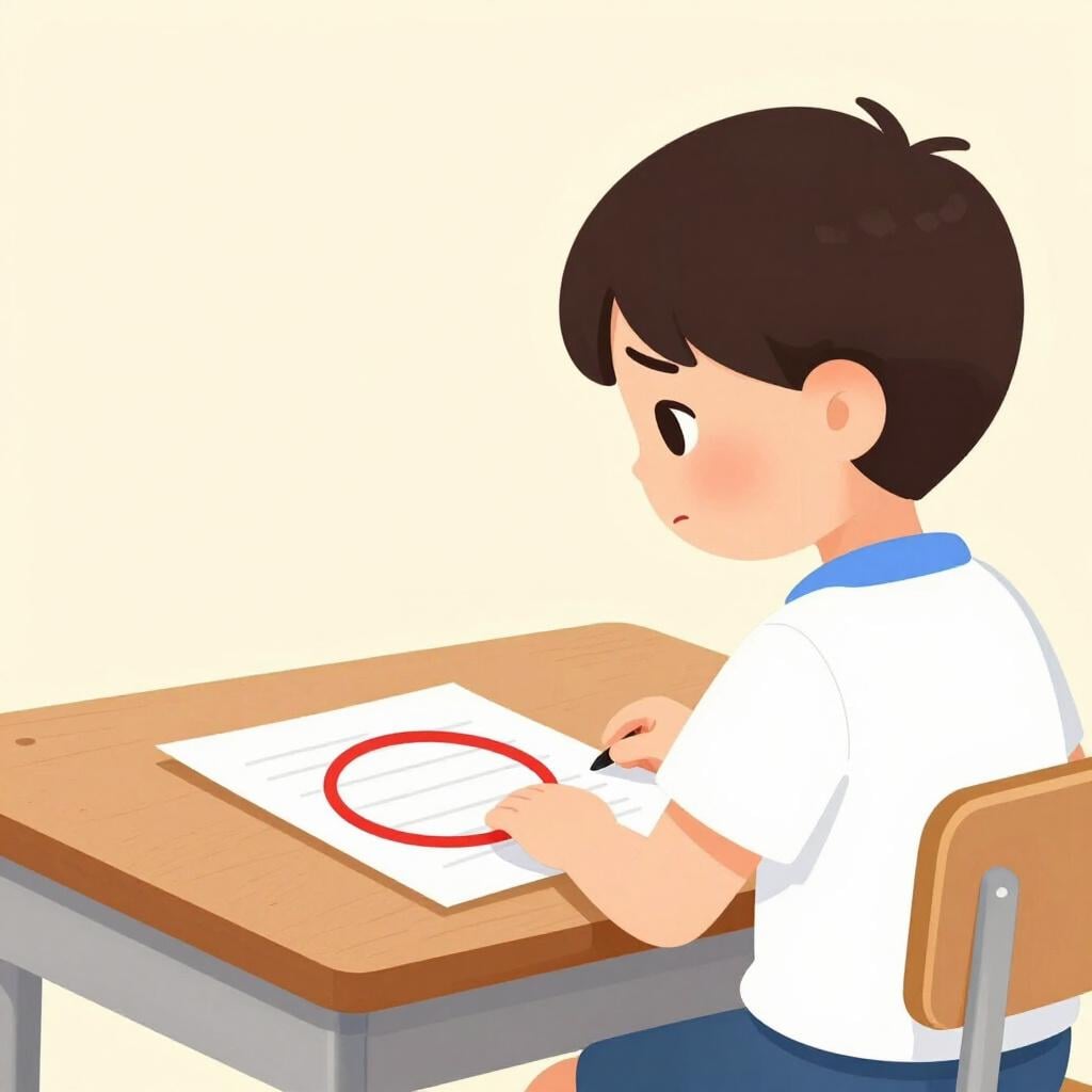 A sad student looking at a test paper with a large red circle on it.