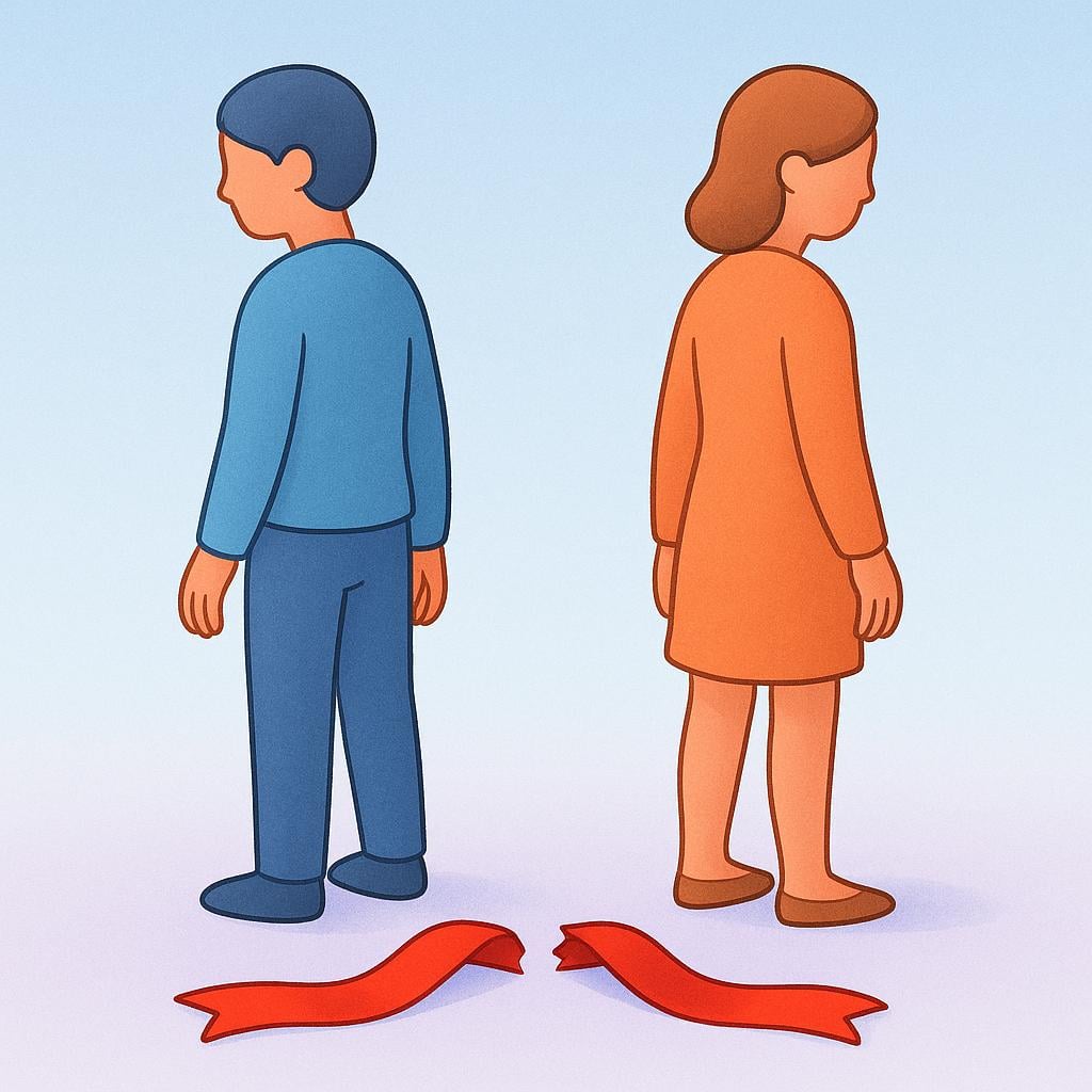 Two simplified figures standing far apart, facing away from each other, with a clearly severed red ribbon lying between them, symbolizing a broken relationship.