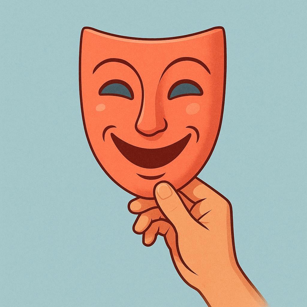A single, stylized, smiling theatrical mask held up by a hand, symbolizing a statement or action that is deceptive or untrue.