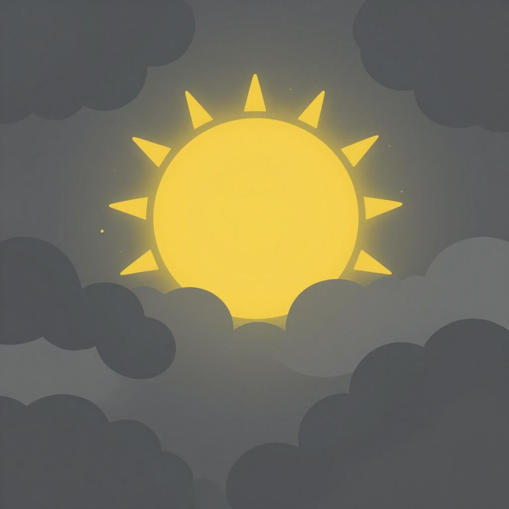 Eine leuchtend gelbe Sonne, die durch dunkle graue Regenwolken bricht.