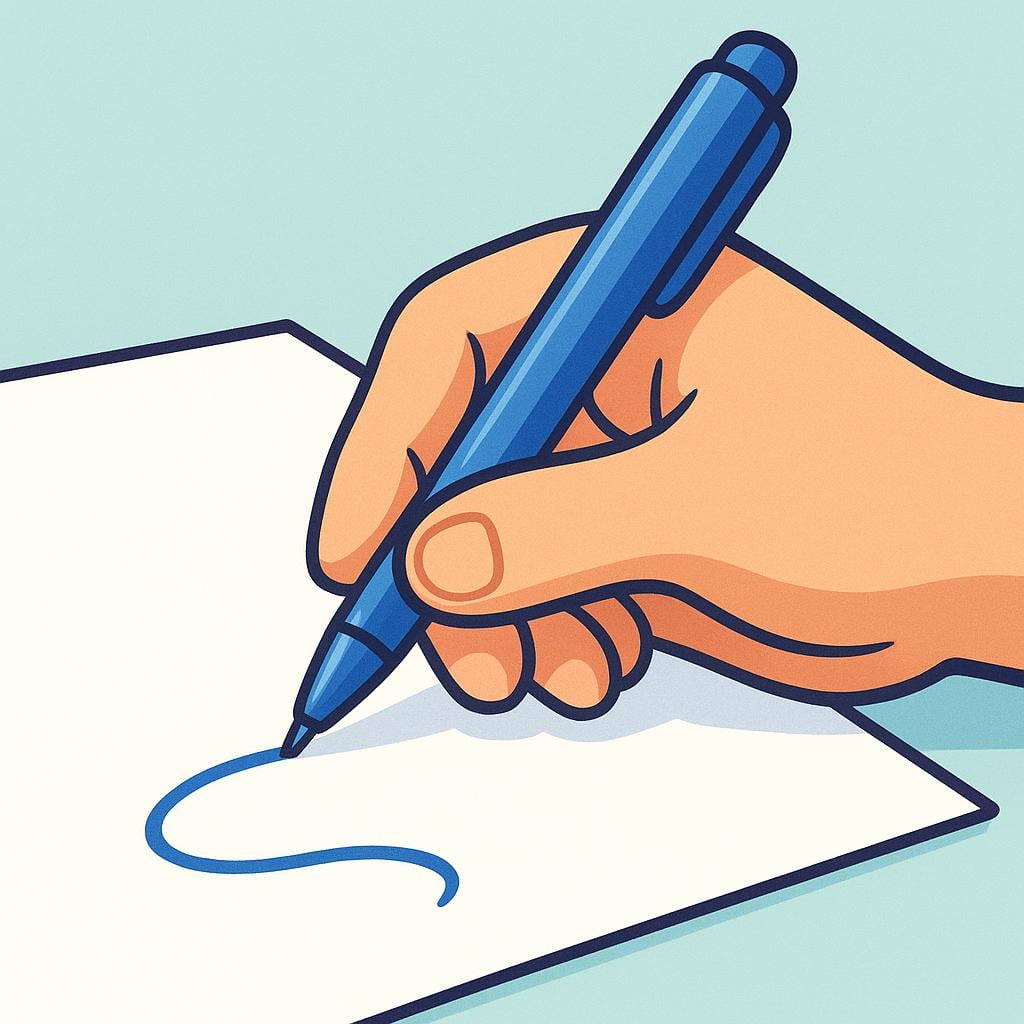 A close-up view of a simplified cartoon hand holding a blue pen, actively tracing a curving line on a blank sheet of white paper.