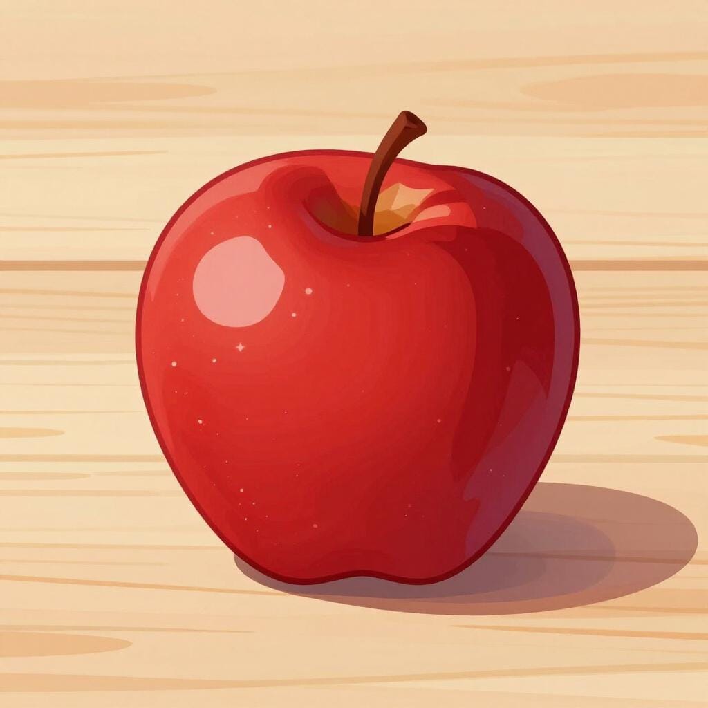A shiny, polished red apple resting on a clean wooden table.