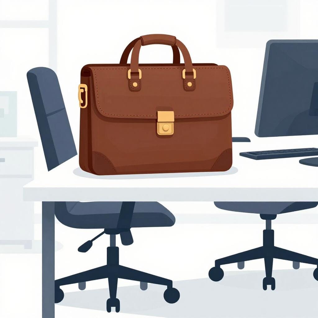 Eine professionelle Ledertasche und ein eleganter Bürostuhl in einer hellen, modernen Umgebung.