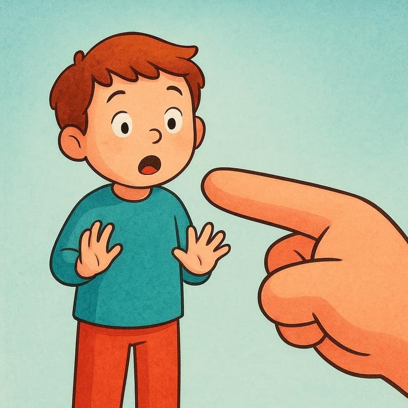 A surprised person reacting to a large, stylized index finger pointing directly at them from off-screen, symbolizing the action of having been accused.