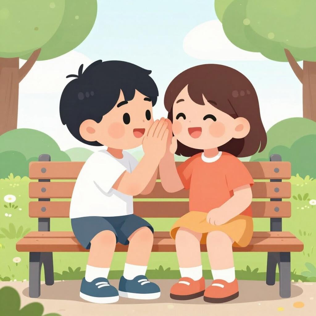 Zwei enge Freunde sitzen nebeneinander auf einer Bank, lachen und teilen ein Geheimnis.
