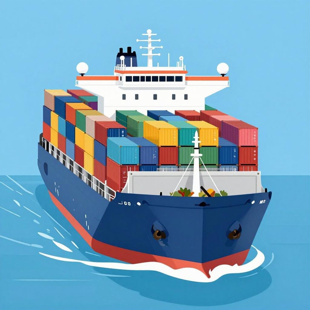 A large cargo ship carrying colorful shipping containers across the ocean.