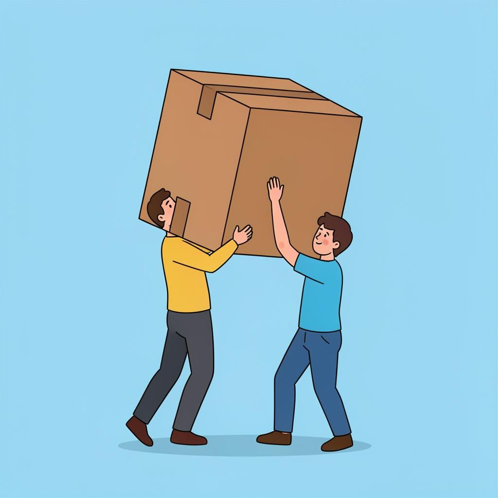 A person lifting a heavy cardboard box from the ground with both hands.