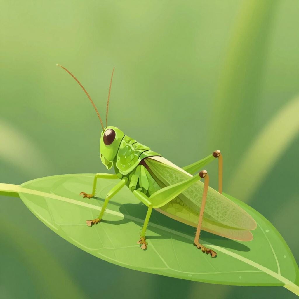 A green grasshopper with long antennae standing on a leaf.