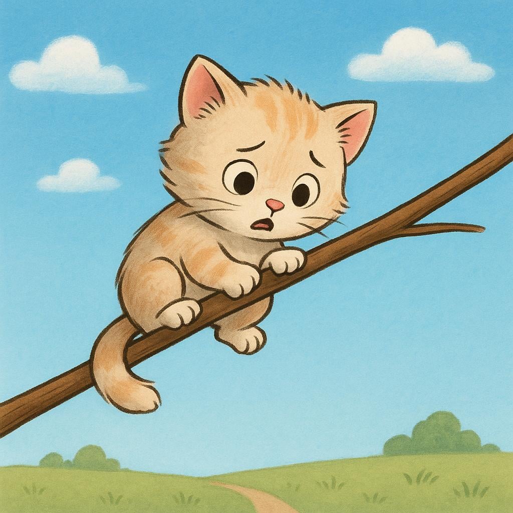 A small kitten stuck on a high tree branch, looking down with a worried expression.