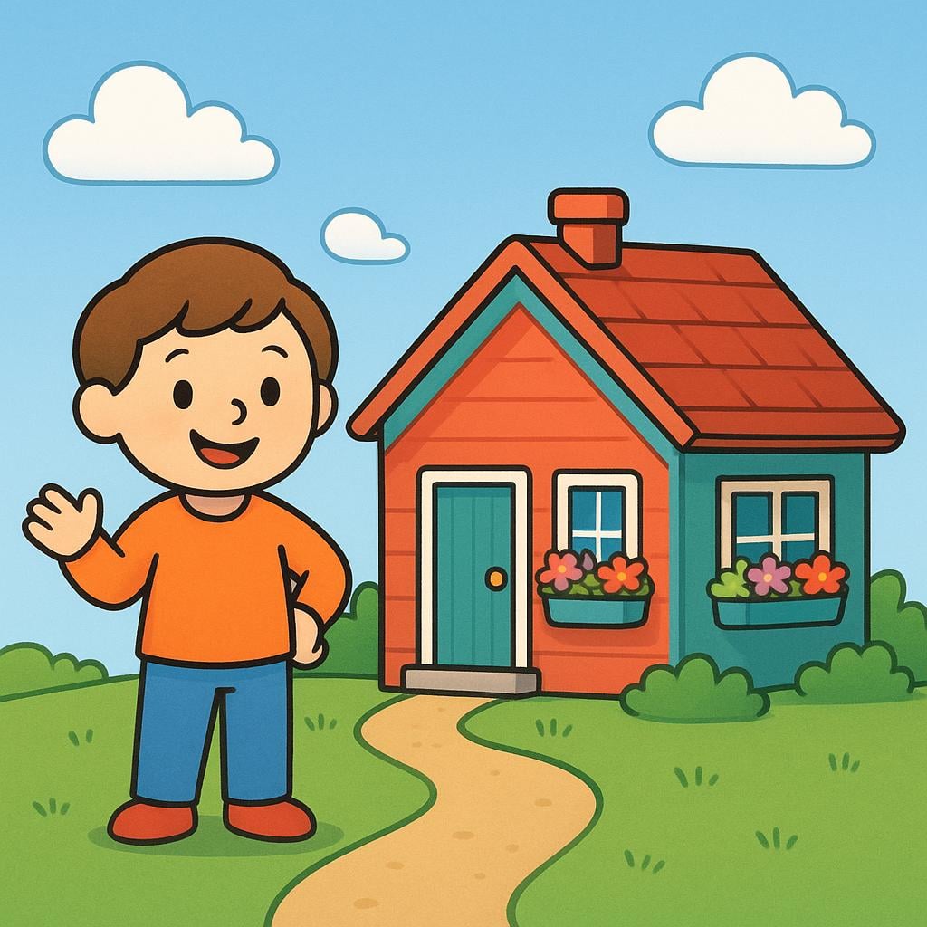 A smiling child standing on the porch of a small, brightly colored house, suggesting residence and the action of living there.