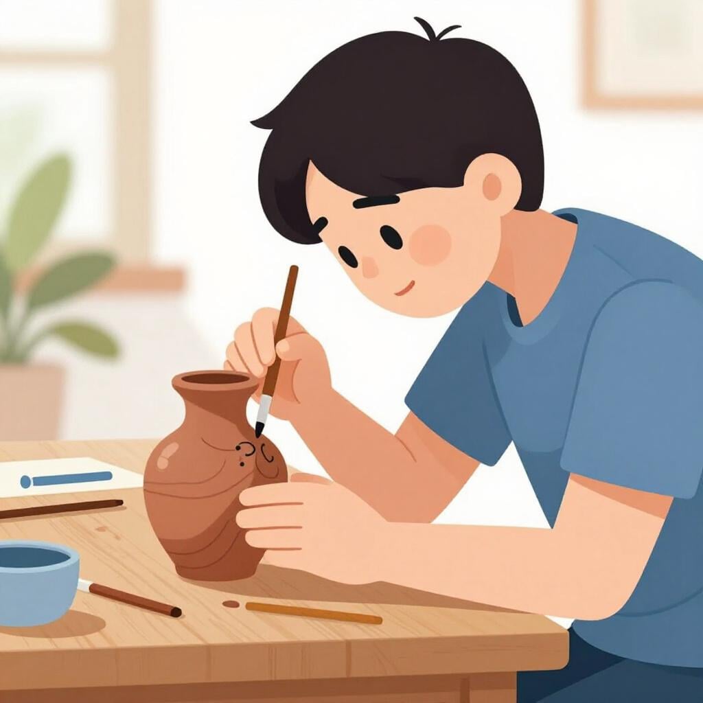 Een persoon die zorgvuldig en aandachtig een kleine keramische vaas schildert met een klein penseel.