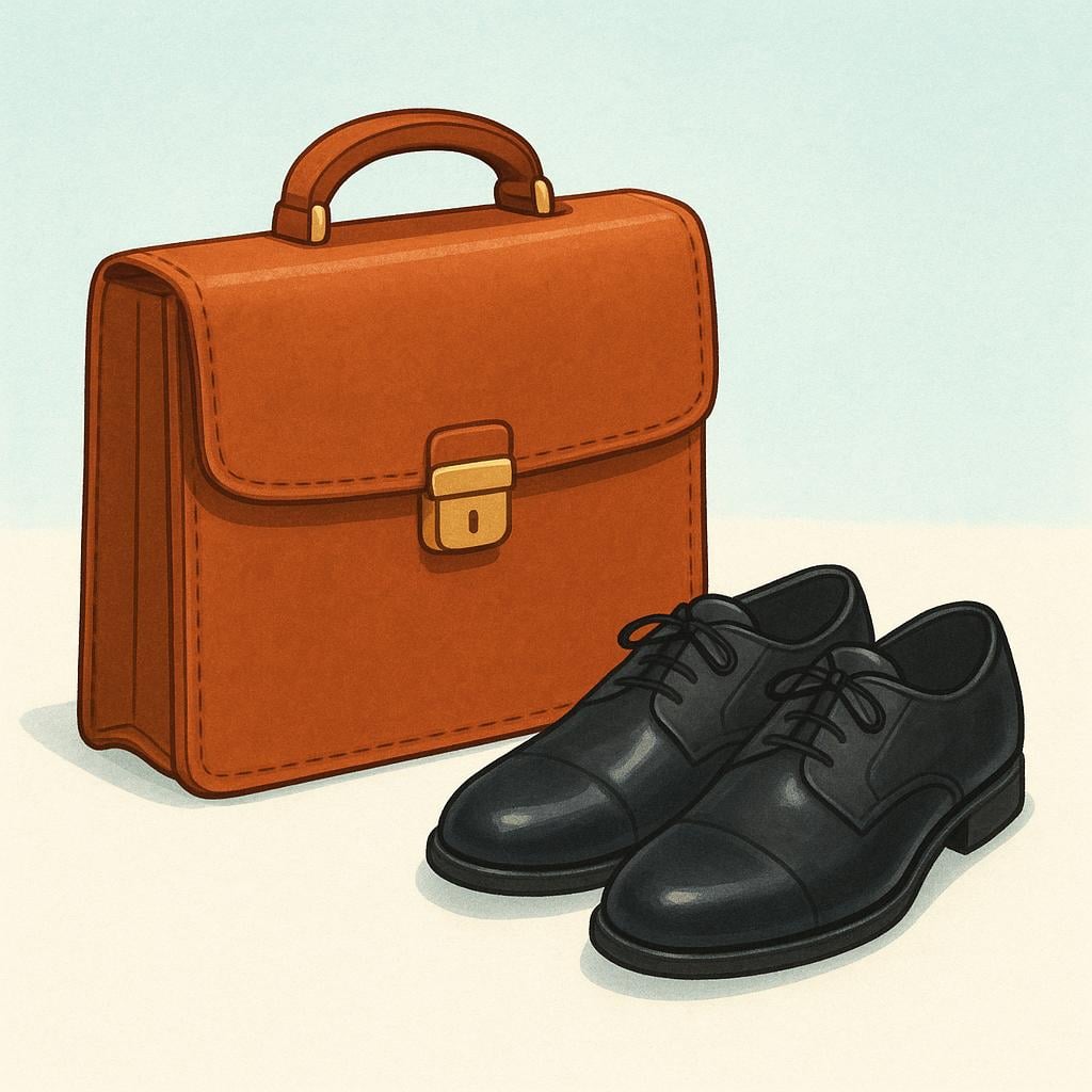 A simple illustration showing a brown briefcase standing ready next to a pair of polished black work shoes, symbolizing the start of the work week.