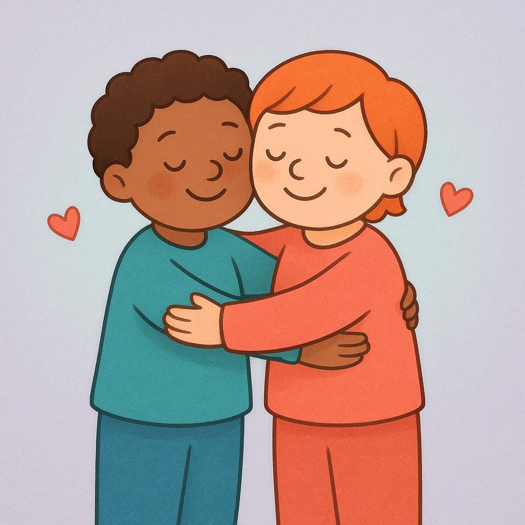 Een kleurrijke illustratie waarin twee vriendelijke personages elkaar een warme, troostende knuffel geven.