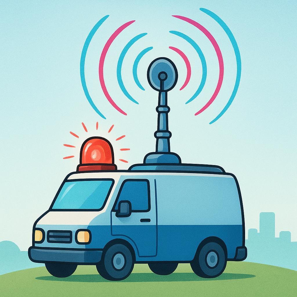 An illustration of a news broadcasting van with a large antenna. A bright red emergency siren is spinning rapidly on the roof, symbolizing an urgent news report.