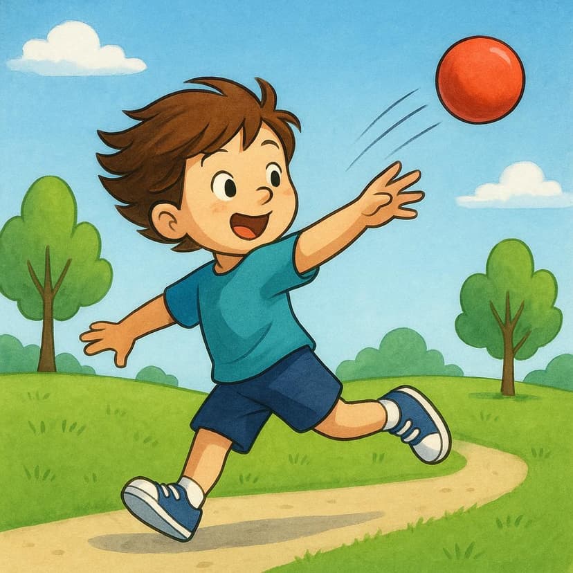 明るい晴れた日に、明るい赤いボールを空高く楽しそうに投げている漫画の子供。
