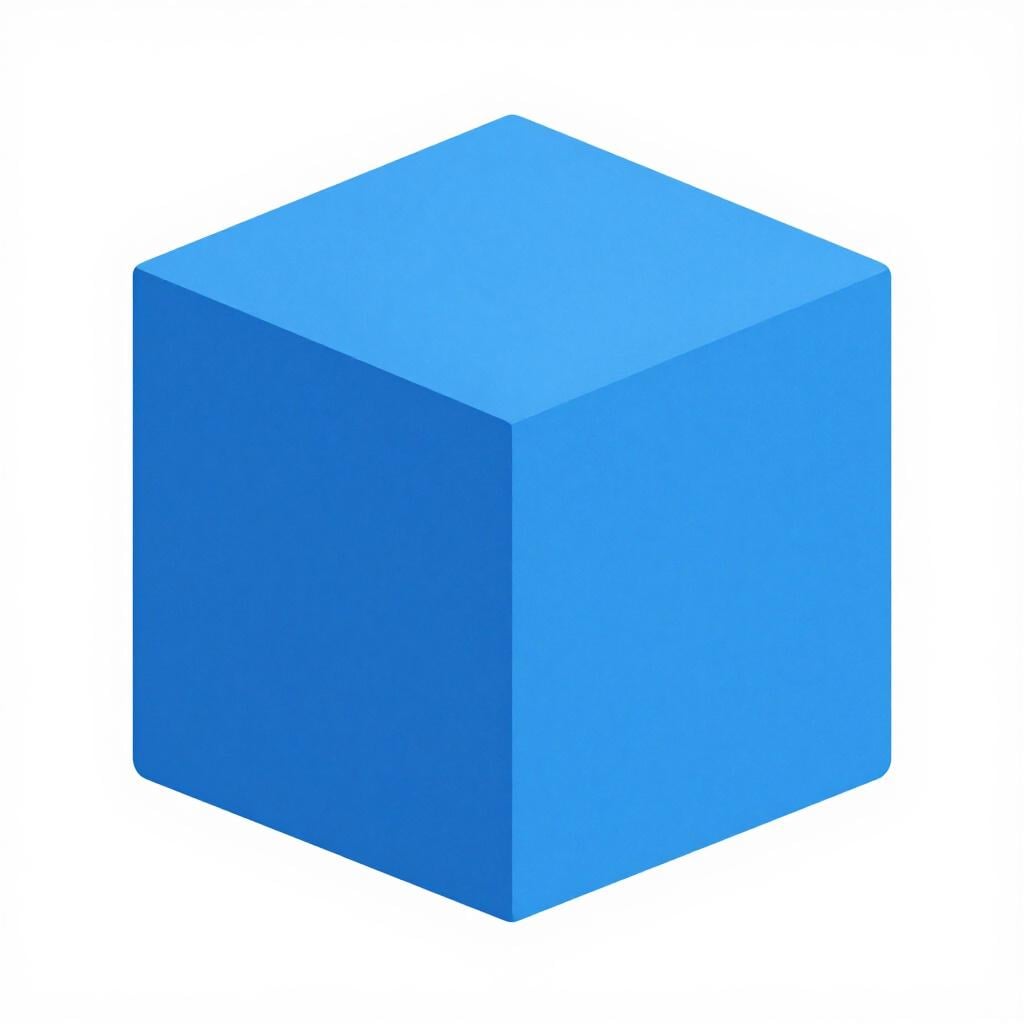 A bright blue cube resting on a flat white surface, clearly showing its distinct physical edges and surfaces.