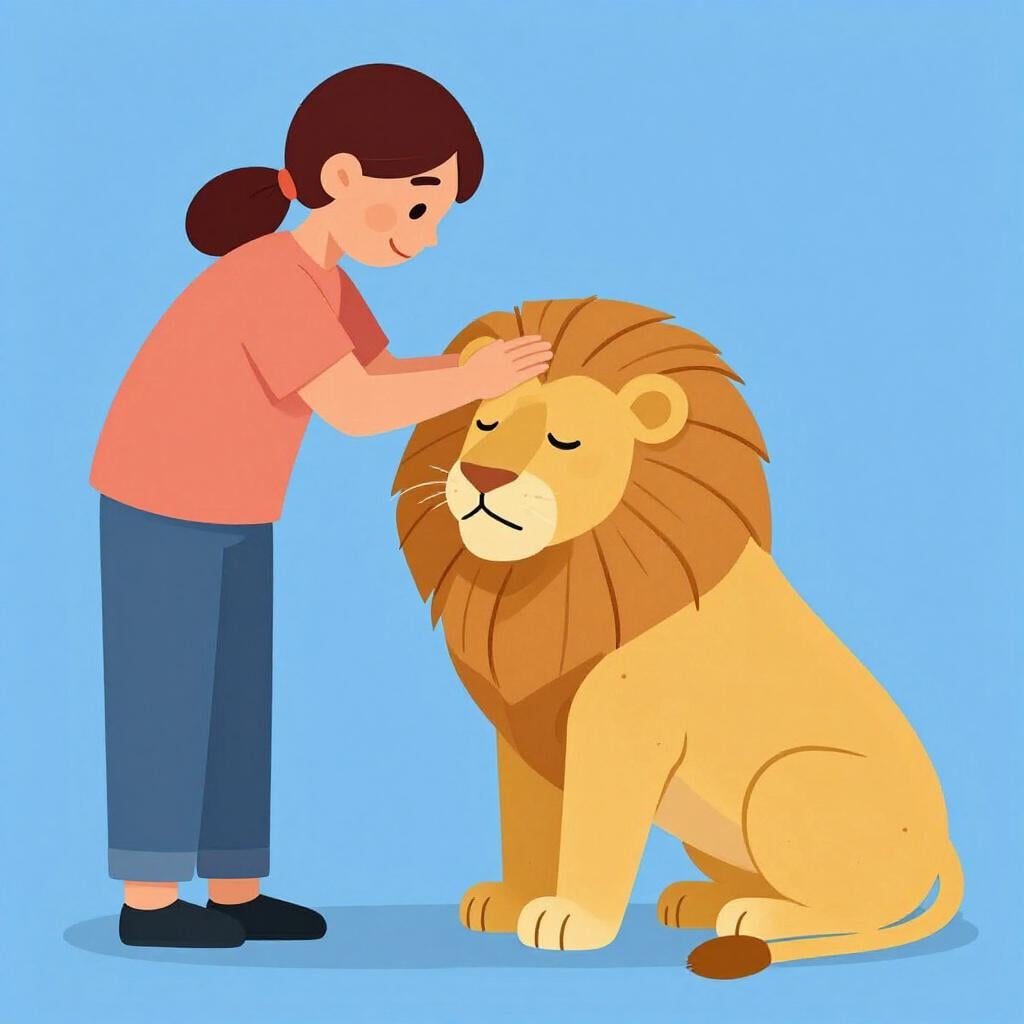 Een persoon die zachtjes een grote, kalme leeuw aait om hem te kalmeren.