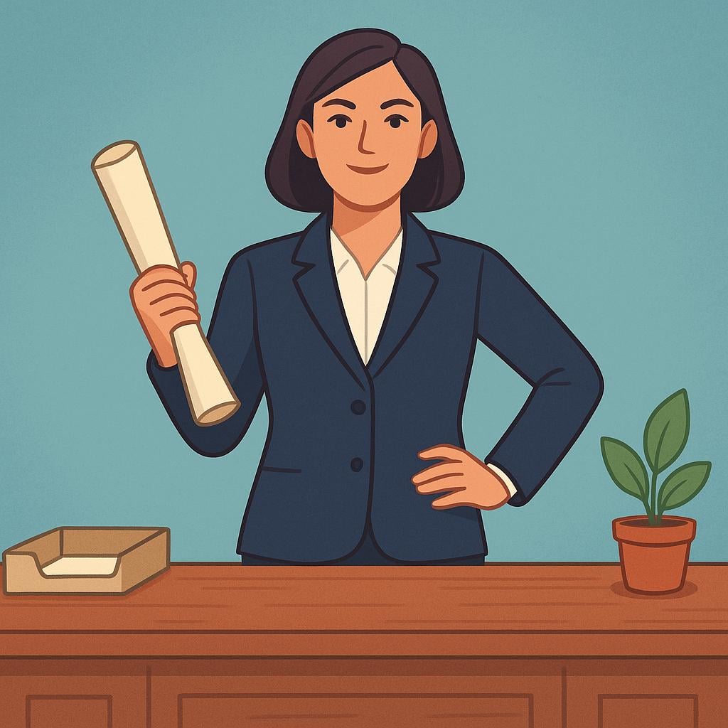 A confident woman in a dark business suit standing assertively behind a large wooden executive desk, signifying her role as the head of an organization.