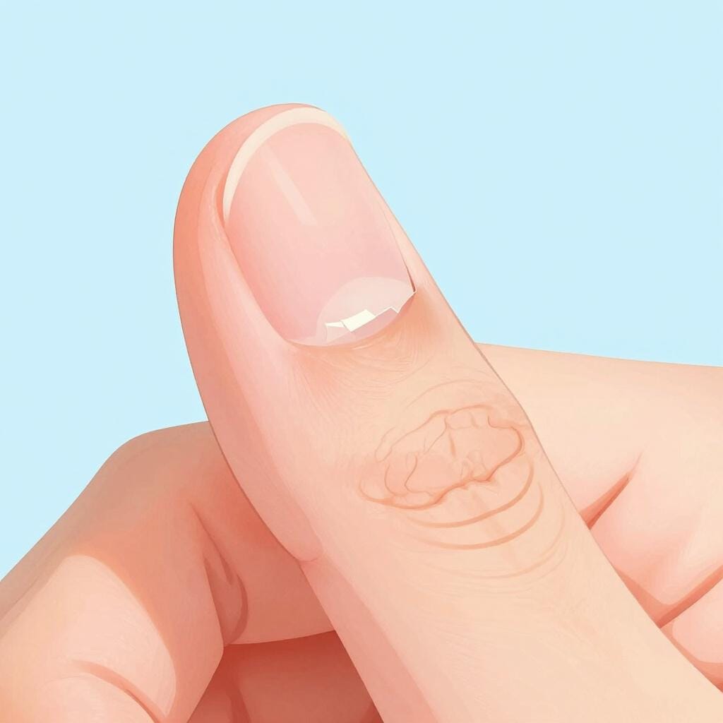 A close-up of a person's thumb showing a small piece of skin peeling near the base of the nail.